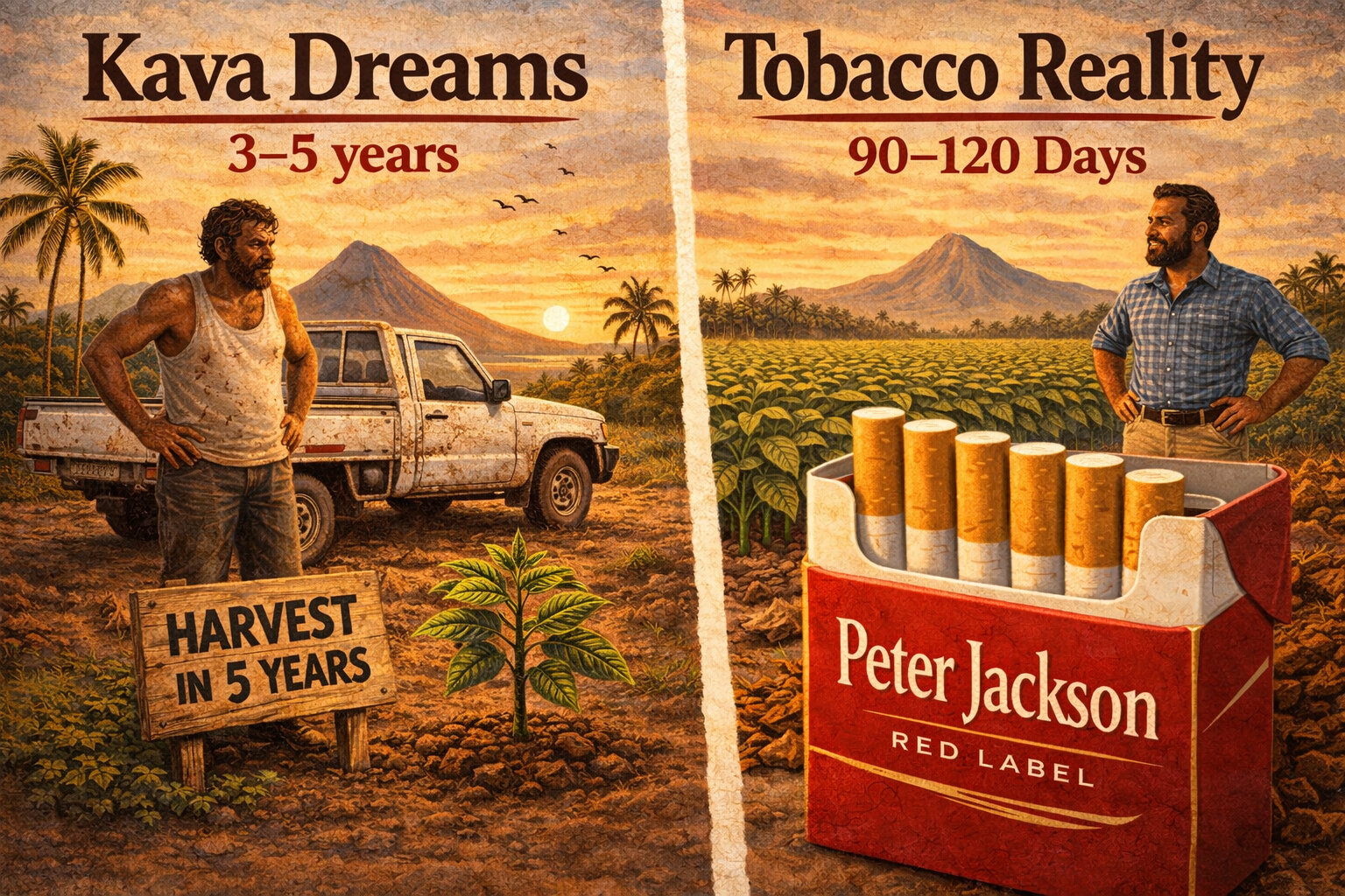 Illustration contrasting Vanuatu kava culture with the rapid economics of tobacco production