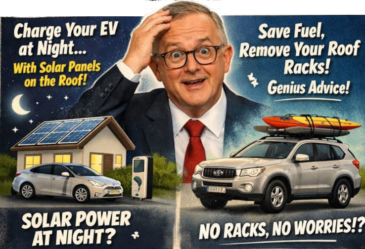 Satirical political meme illustration featuring Anthony Albanese and mocked slogans