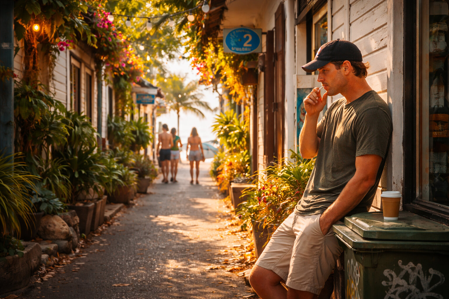 Illustration of illicit cigarette smoking in a dim urban back alley