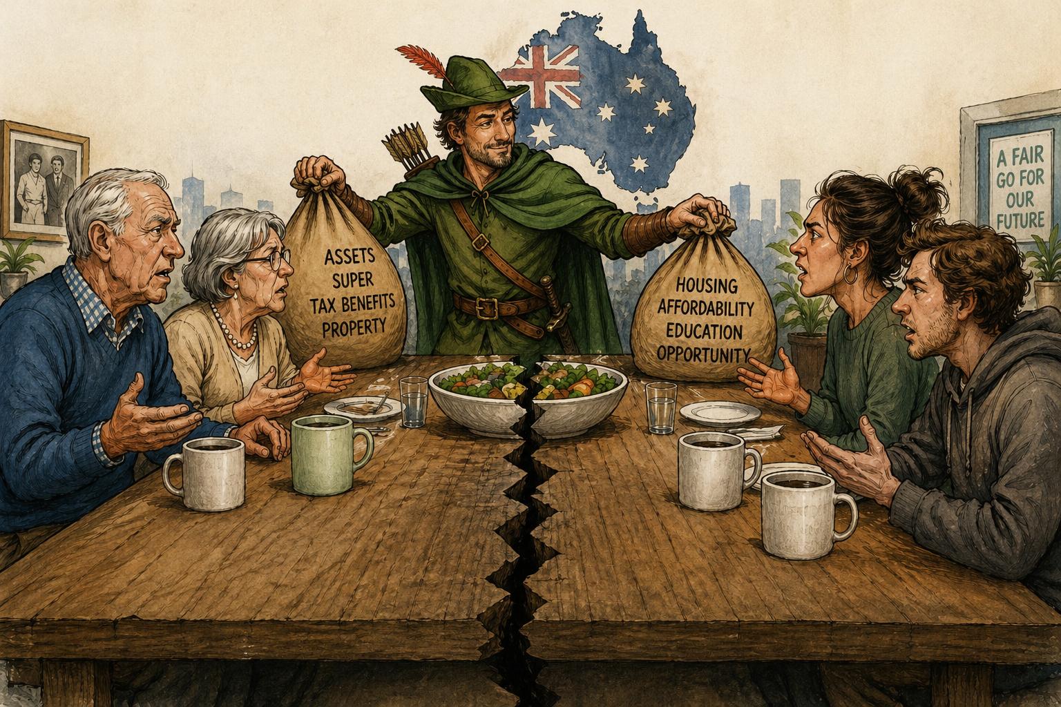 An Australian family at a dinner table divided by political arguments between generations