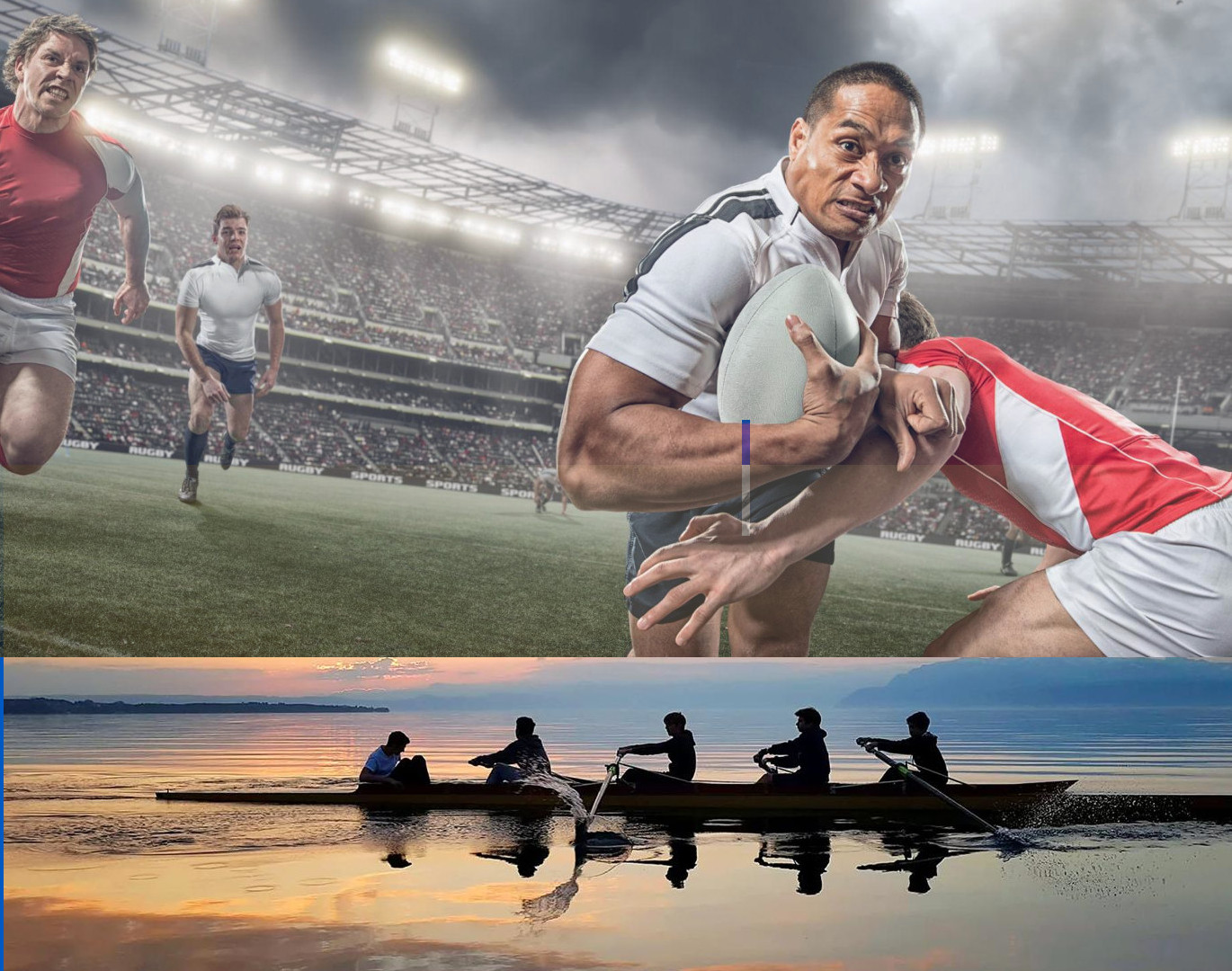 Two political teams colliding on a sports field while a rowing crew moves calmly in the distance
